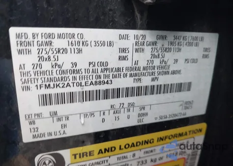 2020 Ford Expedition Limited Max z USA, uszkodzony, nr VIN 1FMJK2AT0LEA88943